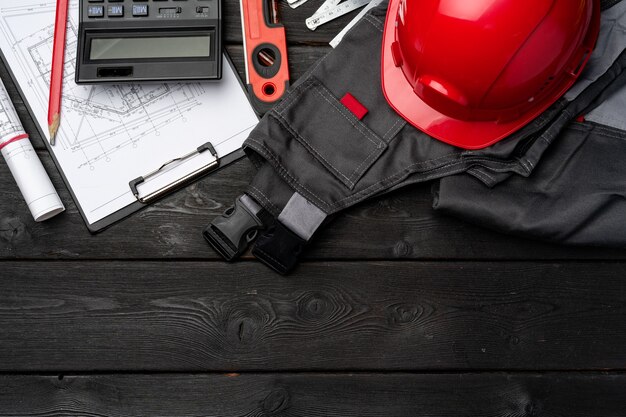 Trabajador de la construcción unifrom, casco y planos en madera, vista superior