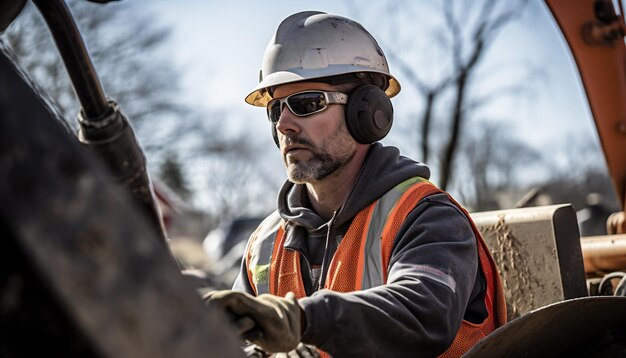 Trabajador de la construcción usa equipo de seguridad mientras opera el tractor