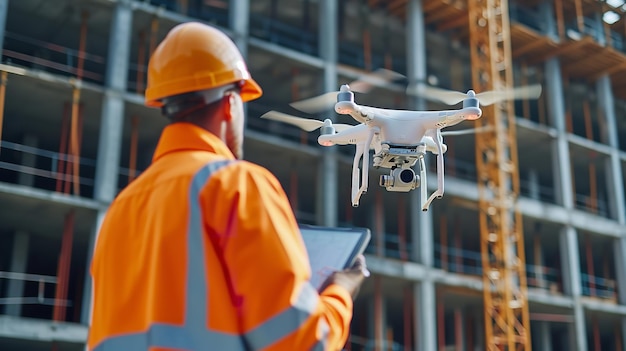 Un trabajador de la construcción usando un dron en un sitio de construcción la noción de reconocimiento de drones y espacio IA generativa