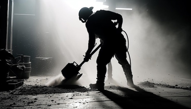 Trabajador de la construcción usando un molinillo en la oscuridad