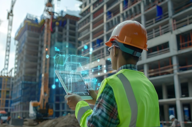 Trabajador de la construcción usando una tableta digital con un edificio holográfico en el sitio
