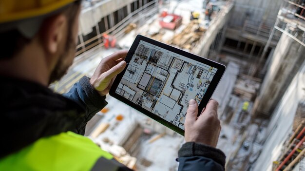 Trabajador de la construcción usando una tableta para revisar los planos en un sitio de construcción en una zona urbana