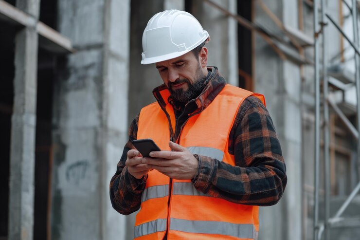 Trabajador de la construcción usando un teléfono inteligente en el sitio de construcción para las redes sociales