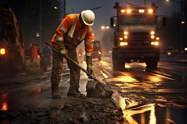 Un trabajador de la construcción vertiendo hormigón húmedo en el sitio de construcción de carreteras.