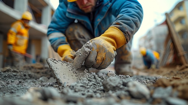 Trabajador de la construcción vertiendo hormigón en un sitio de construcción Foco selectivo