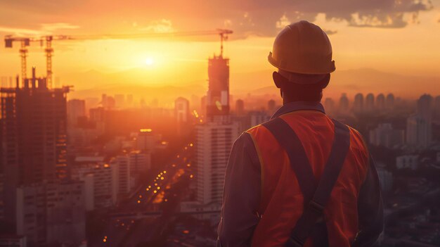 Trabajador de la construcción con vistas al paisaje de la ciudad al atardecer Ingeniero civil en el trabajo