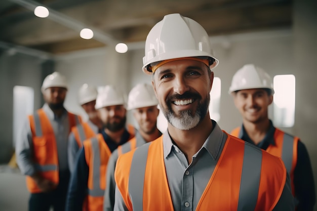 trabajador contratista de construcción masculino con casco de equipo de seguridad con fondo de sitio de construcción