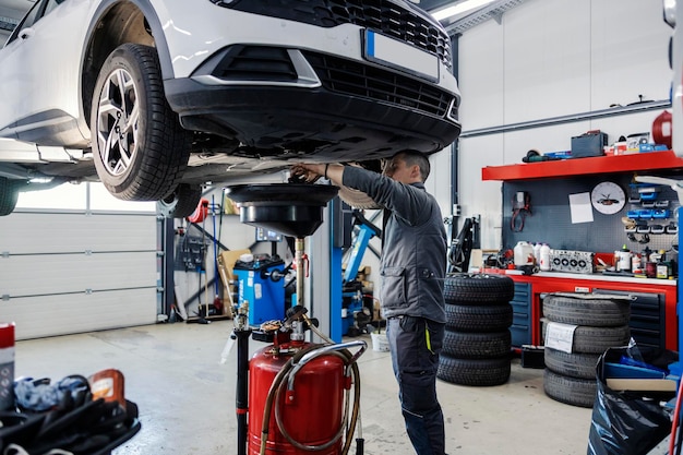 Foto un trabajador de cuello azul está cambiando el aceite de un automóvil en la tienda mechanic39s