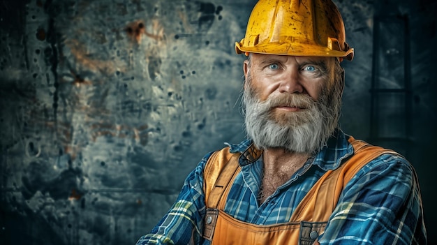 Trabajador de cuello azul con sombrero resistente en servicio