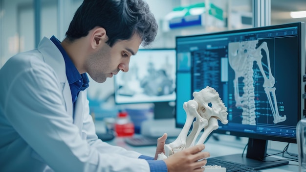 Trabajador de cuello blanco analizando el modelo de la articulación de la rodilla en la pantalla de la computadora