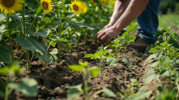 Un trabajador cuida un pequeño parche de girasoles y soja interplantados utilizando hábilmente