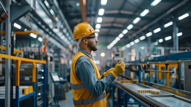 Trabajador dedicado inspeccionando productos en una ocupada línea de producción de fabricación