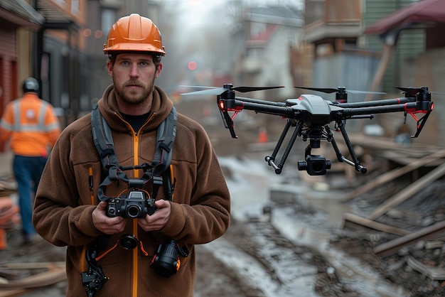 Un trabajador de demolición con un casco naranja está sosteniendo una cámara y un dron está volando cerca de él