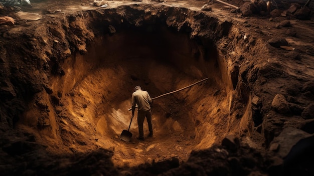 Trabajador dentro de un gran hoyo cavando con una pala