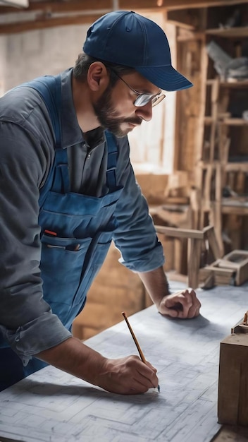 Trabajador dibujando el plano