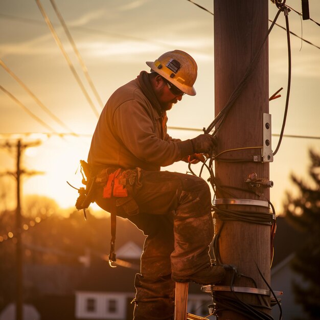 el trabajador eléctrico trabajando hábilmente en conexiones de cableado en la parte superior de un poste de servicios públicos durante la hora dorada IA generativa