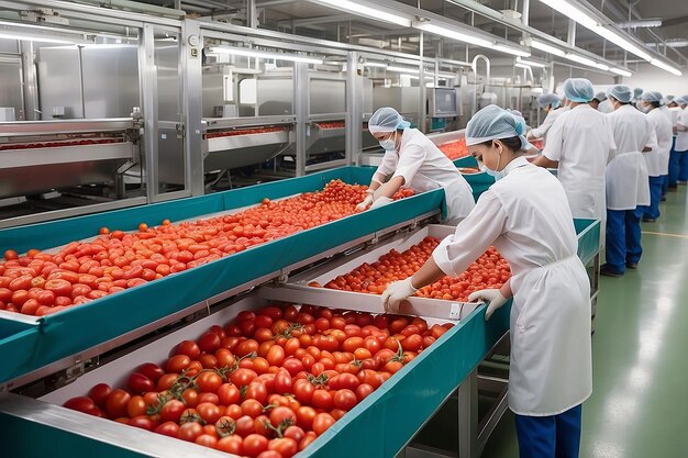 Trabajador empaquetando tomates rojos maduros en la línea de producción en una planta de procesamiento de alimentos