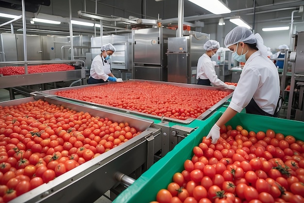 Trabajador empaquetando tomates rojos maduros en la línea de producción en una planta de procesamiento de alimentos