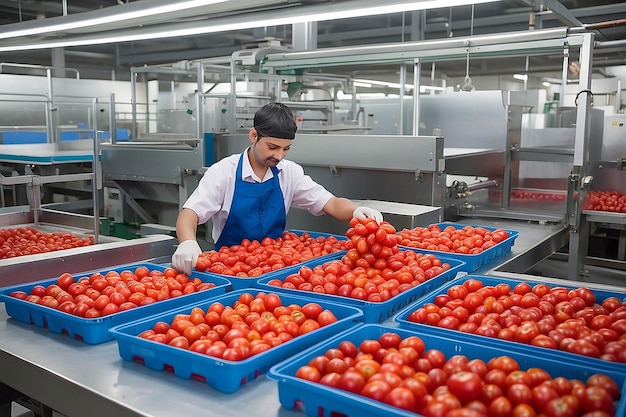 Trabajador empaquetando tomates rojos maduros en la línea de producción en una planta de procesamiento de alimentos