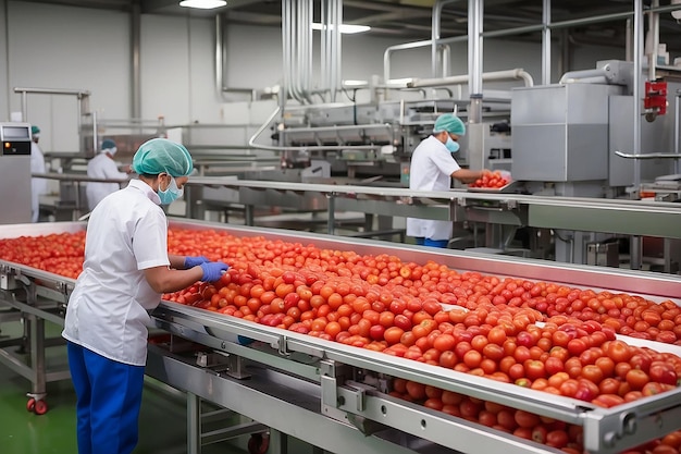 Trabajador empaquetando tomates rojos maduros en la línea de producción en una planta de procesamiento de alimentos