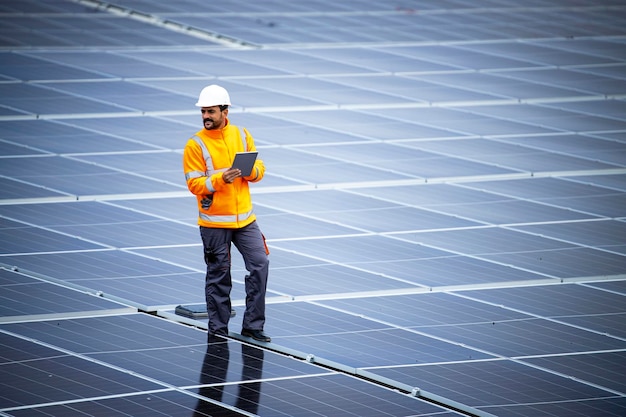 Trabajador de energía solar con computadora portátil revisando la instalación de una nueva planta de energía solar