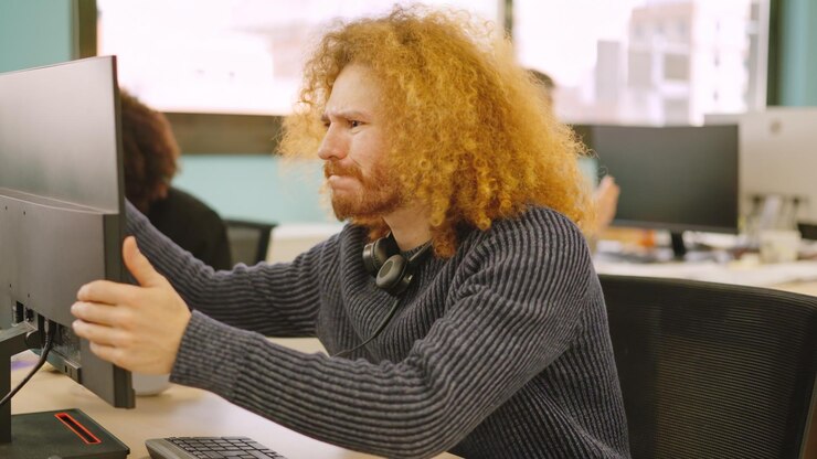 Foto trabajador enojado con problemas informáticos en un coworking