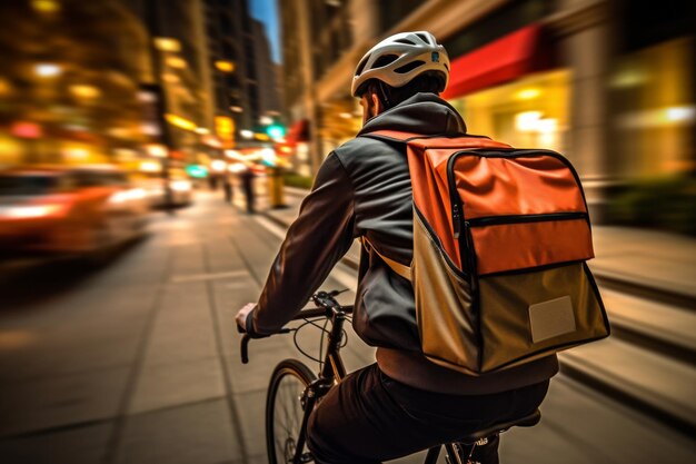 Trabajador de entrega de alimentos en bicicleta en la vista de la ciudad desde atrás