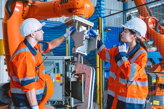 Trabajador del equipo de ingenieros que trabaja con una máquina de ensamblaje de brazos robóticos en una fábrica moderna de industria pesada de metal