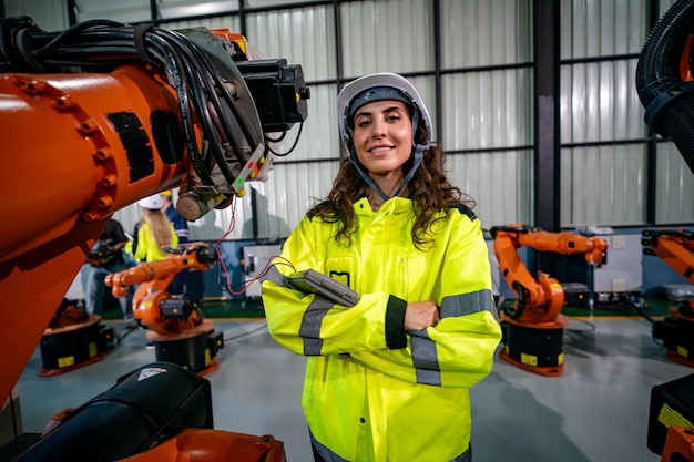Trabajador con equipo de seguridad supervisando la línea de ensamblaje robótico en una instalación de fabricación moderna