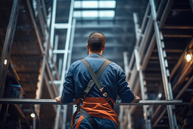 trabajador en una escalera mirando el edificio