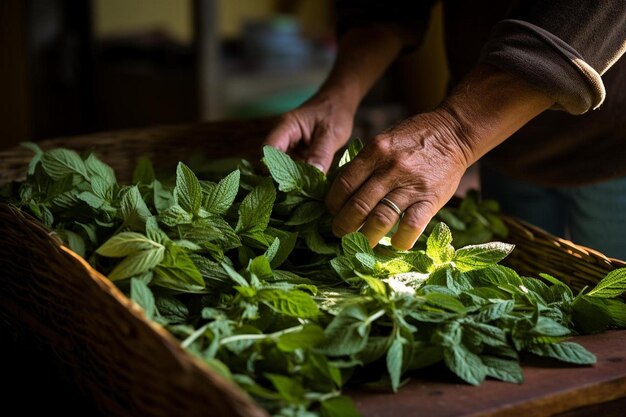 un trabajador está recogiendo una canasta de hojas frescas de albahaca.