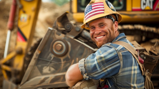 Trabajador estadounidense sonriente de maquinaria pesada