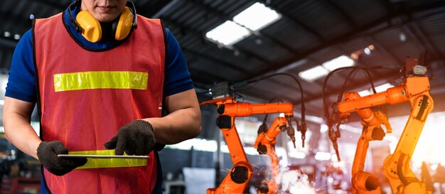 Trabajador de fábrica brazo robótico de control en la fábrica.