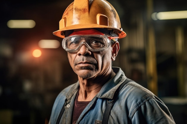 Trabajador de la fábrica con casco y gafas de seguridad