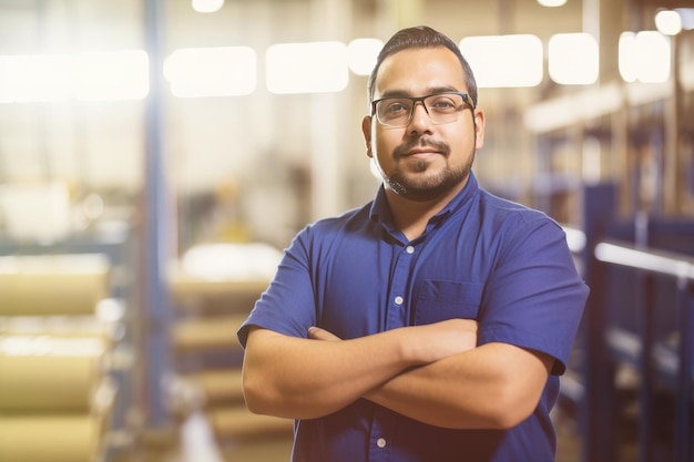 Trabajador de fábrica hispano con equipo de seguridad y espacio para texto IA generativa