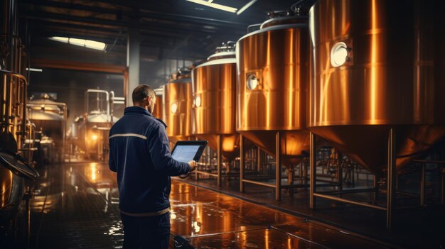 Trabajador de la fábrica inspeccionando la línea de producción con depósitos o tanques con planta de cerveza con computadora