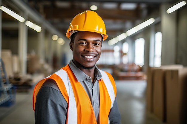 Trabajador de fábrica joven negro sonriente Operador o supervisor en engranaje de seguridad naranja