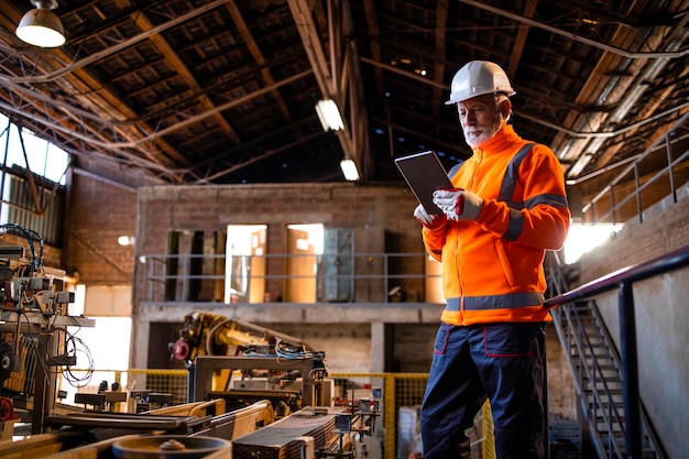 Trabajador de fábrica junto a máquinas de producción y comprobando los resultados de fabricación en una tableta