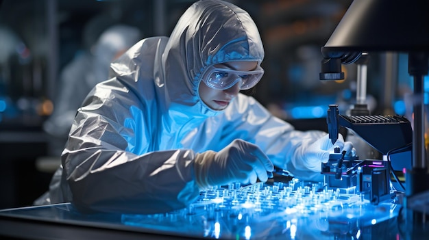 Trabajador en una fábrica de laboratorios electrónicos