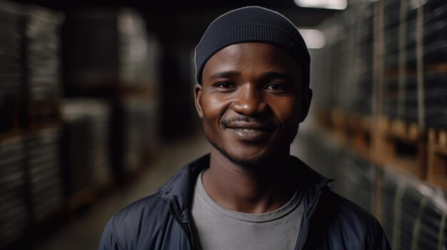 Un trabajador de fábrica masculino africano sonriente de pie en el almacén