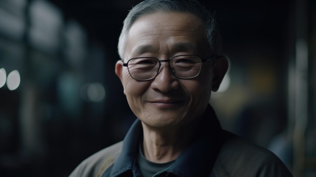 Un trabajador de fábrica masculino chino senior sonriente de pie en una fábrica de láminas de metal