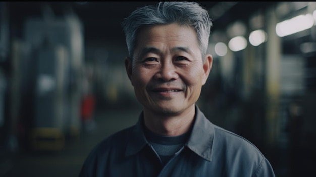 Un trabajador de fábrica masculino chino senior sonriente de pie en una fábrica de láminas de metal