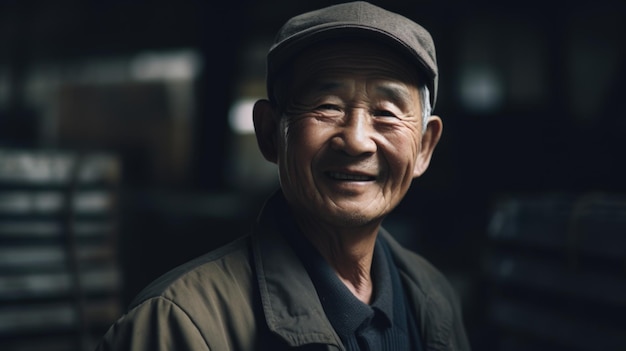 Un trabajador de fábrica masculino chino senior sonriente de pie en una fábrica de láminas de metal