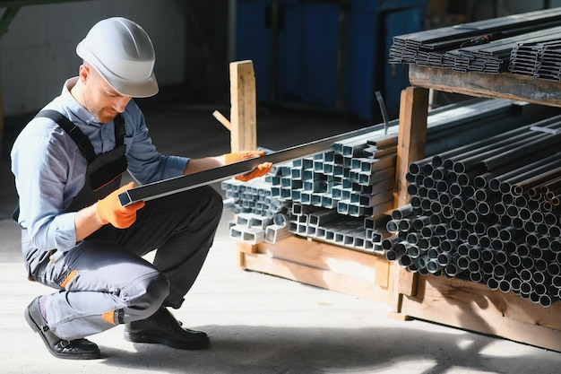 Foto trabajador de fábrica mide el perfil de metal