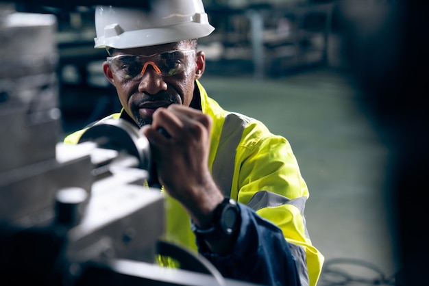 Trabajador de fábrica o ingeniero hace trabajo de máquina en taller de fabricación experto