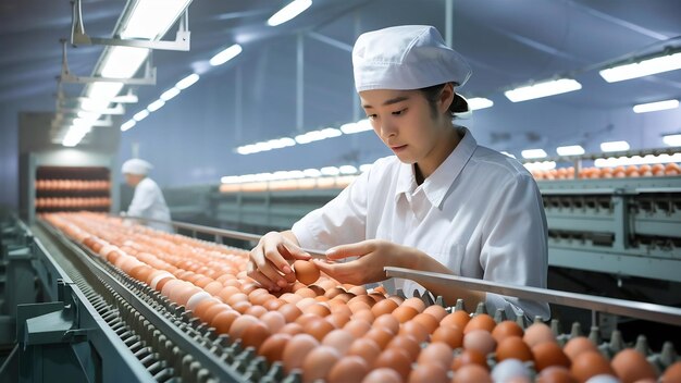 Foto trabajador de la fábrica de producción de huevos de pollo clasifica los huevos de gallina en el transportador de la empresa de agroindustria