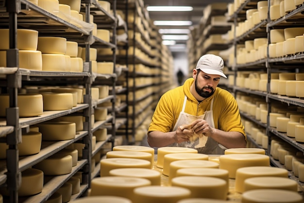 Trabajador en una fábrica de queso clasificando queso fresco