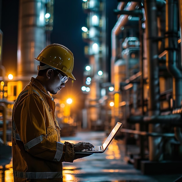 Foto trabajador de una fábrica en una refinería de petróleo usando una computadora portátil ai generativa