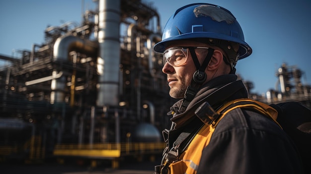 Trabajador de fábrica en refinería de petróleo usando computadora portátil para trabajos de mantenimiento