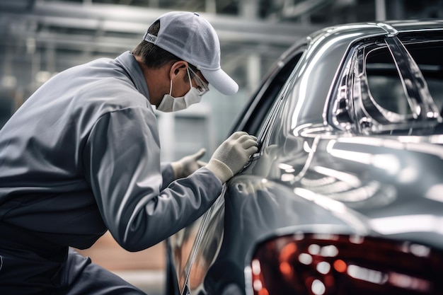 Trabajador en la fábrica revisando un automóvil nuevo IA generativa